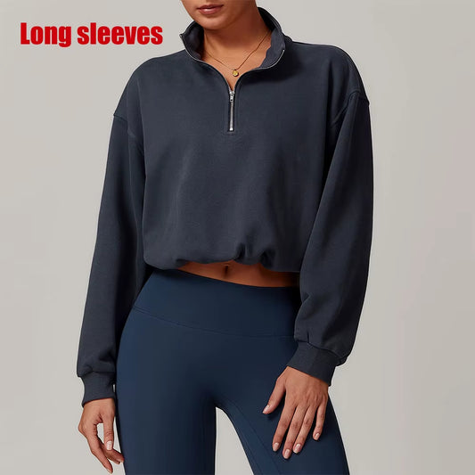 Winter Stand up Collar Zipper Sports Hoodie Long Sleeved Women'S Casual Loose Hoodie Warm Running Fitness Top